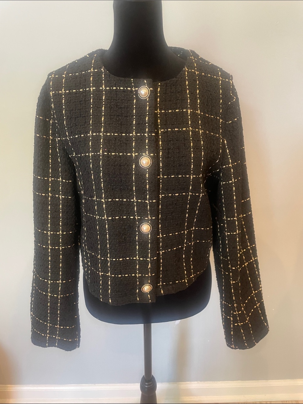 Black Tweed  Button-Front Jacket with gold accents size 6